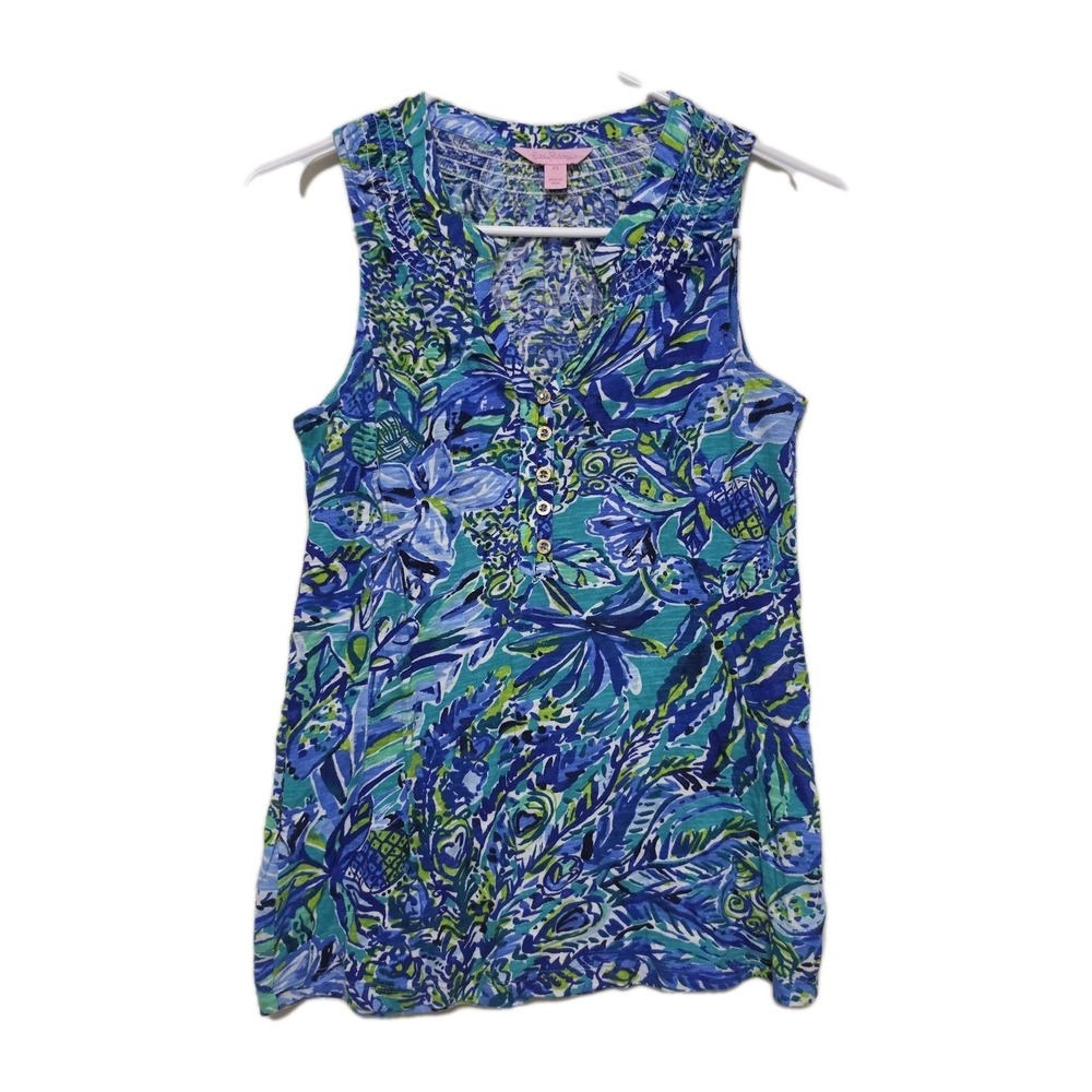Lilly Pulitzer Size Xs Essie Printed Tank Blouse Top Floral Cotton Smocked